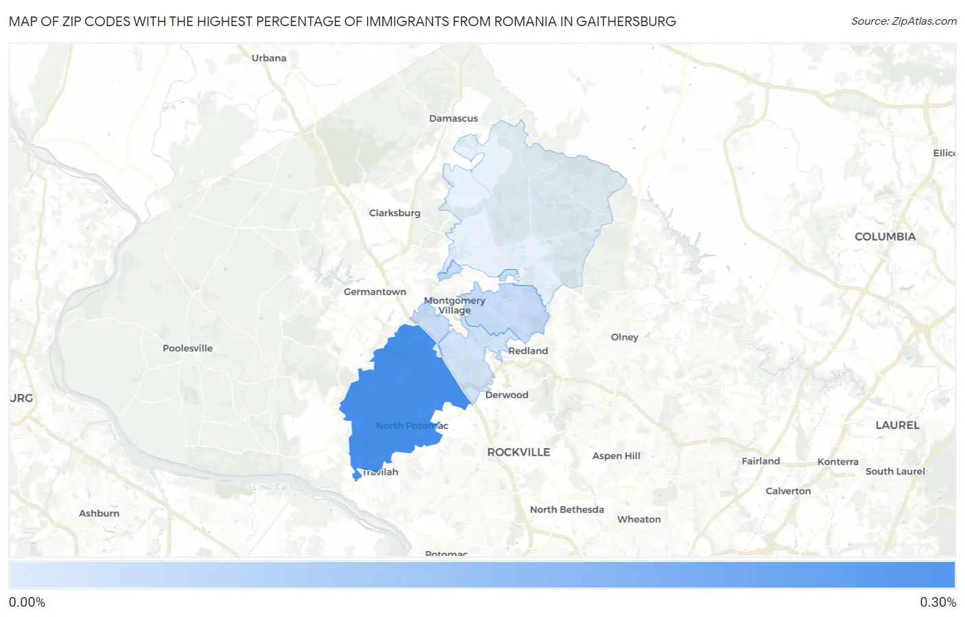 Zip Codes with the Highest Percentage of Immigrants from Romania in Gaithersburg Map