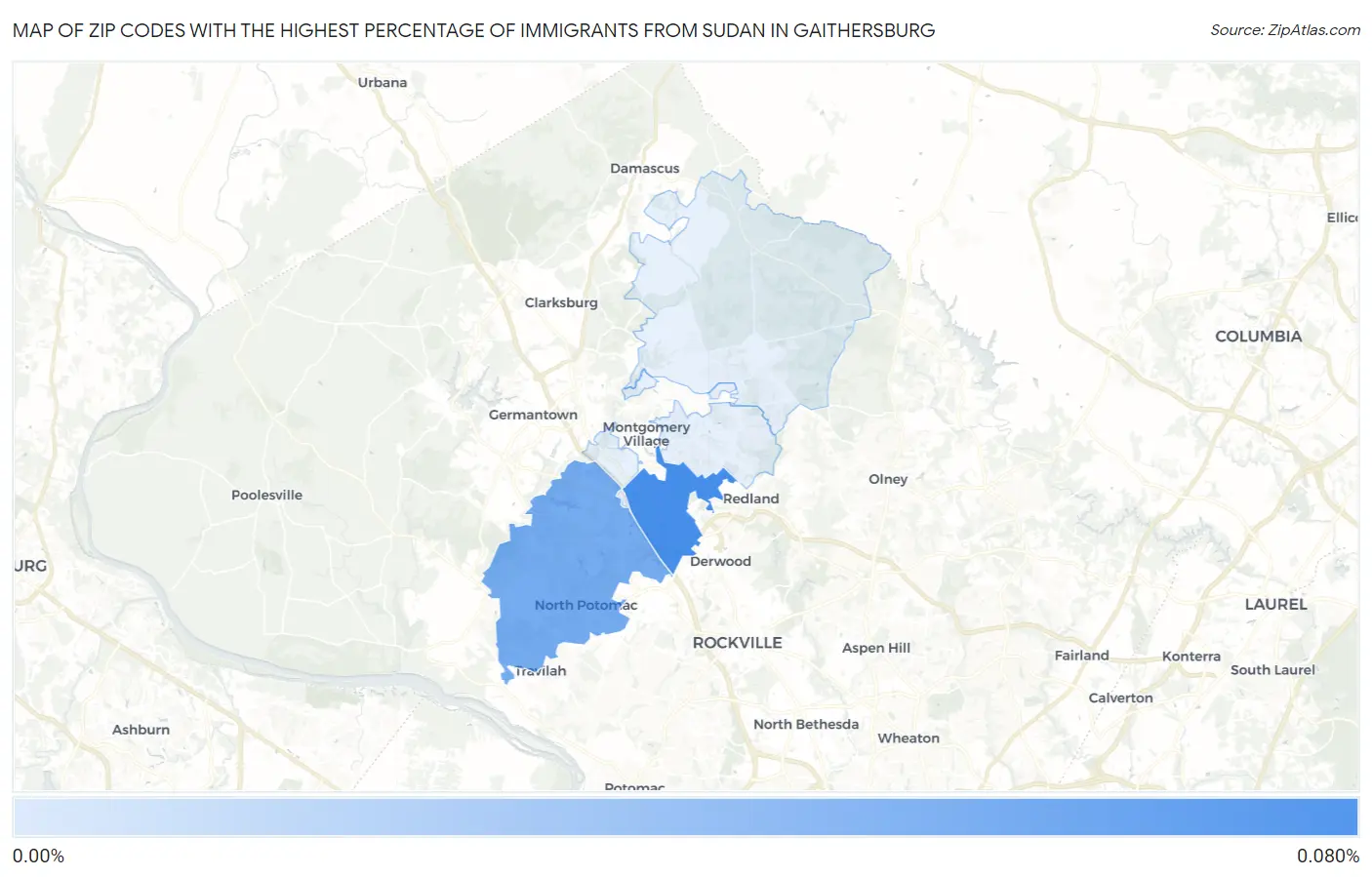 Zip Codes with the Highest Percentage of Immigrants from Sudan in Gaithersburg Map