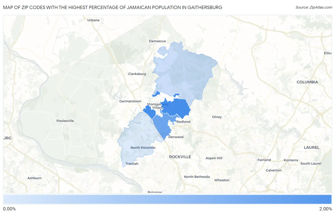 Zip Codes with the Highest Percentage of Jamaican Population in Gaithersburg Map