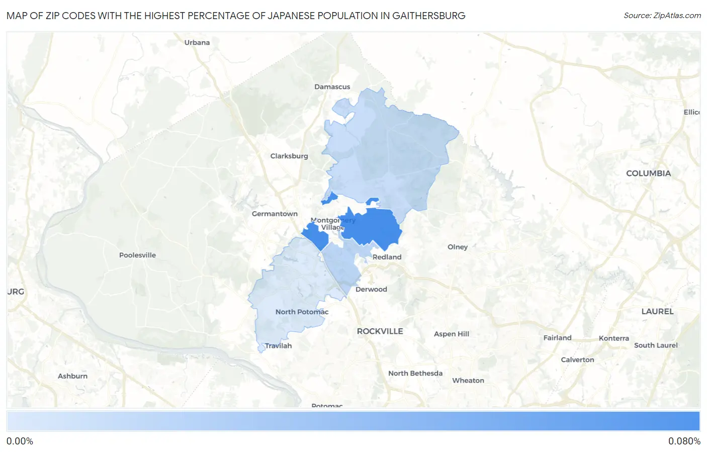 Zip Codes with the Highest Percentage of Japanese Population in Gaithersburg Map
