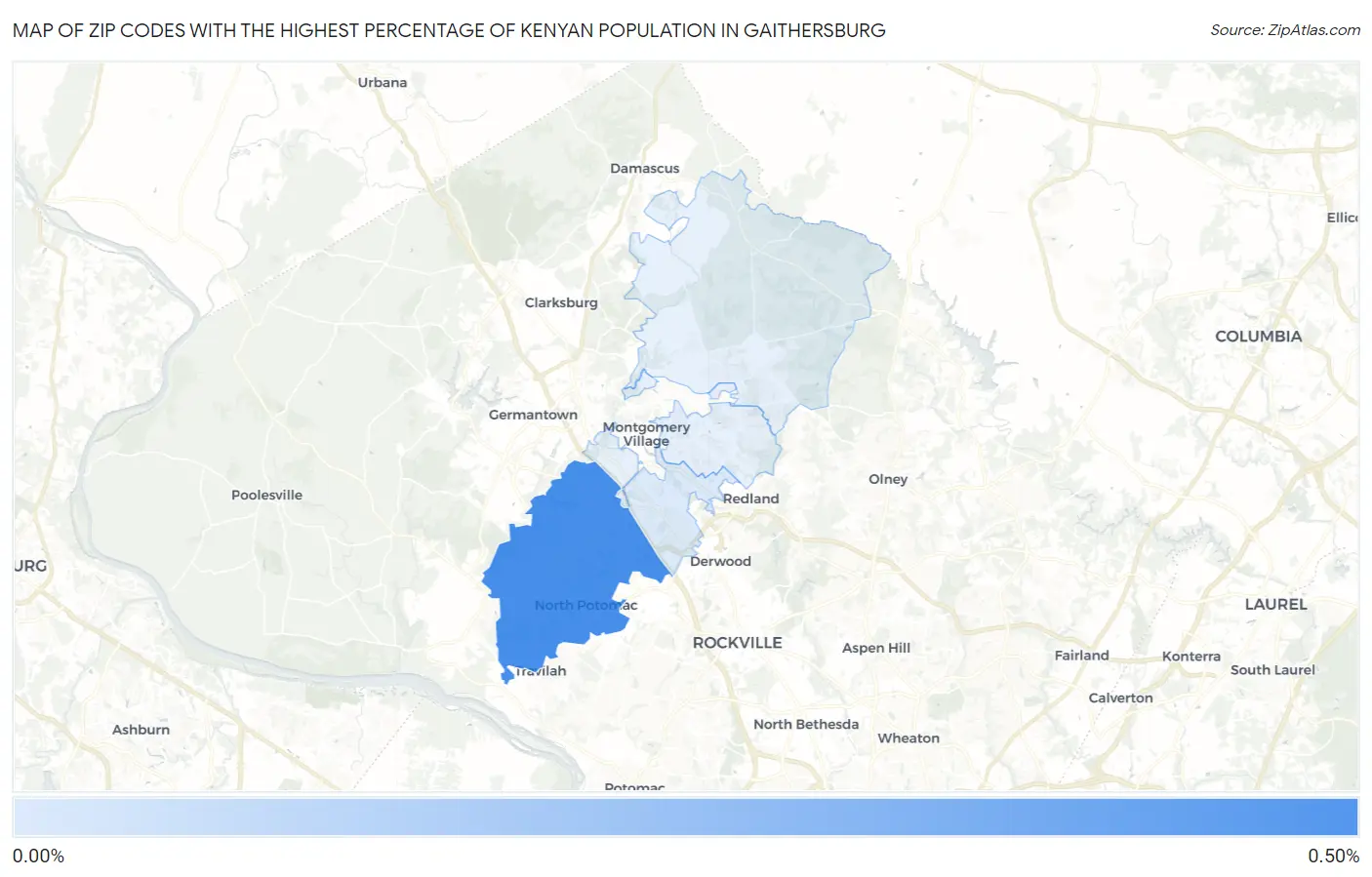Zip Codes with the Highest Percentage of Kenyan Population in Gaithersburg Map