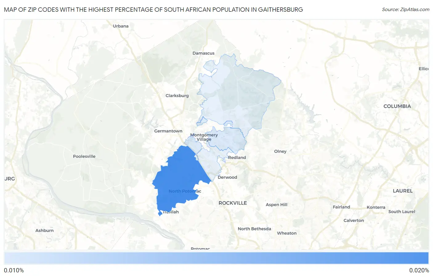 Zip Codes with the Highest Percentage of South African Population in Gaithersburg Map