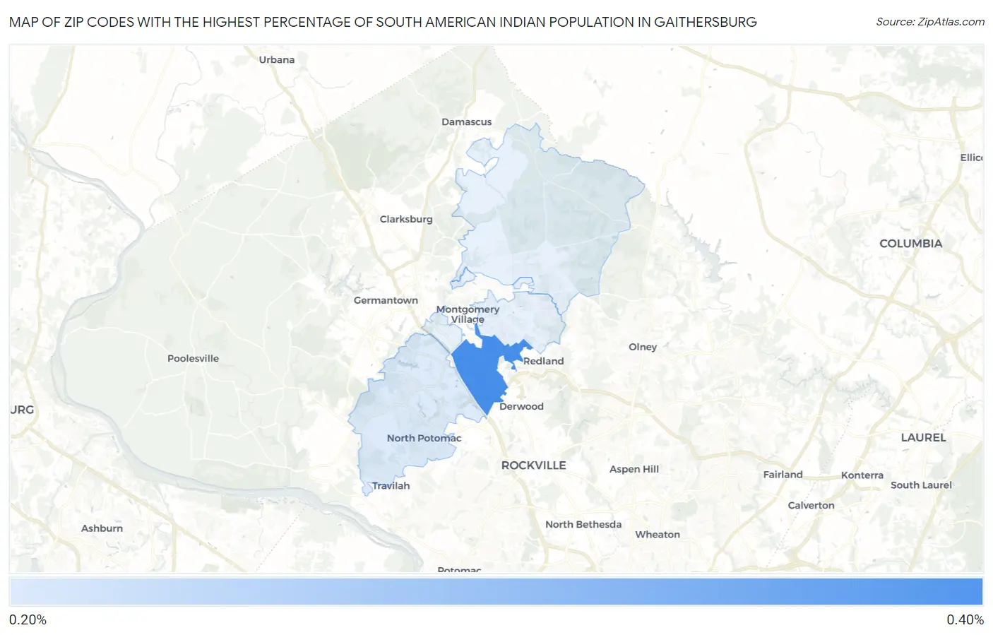 Zip Codes with the Highest Percentage of South American Indian Population in Gaithersburg Map