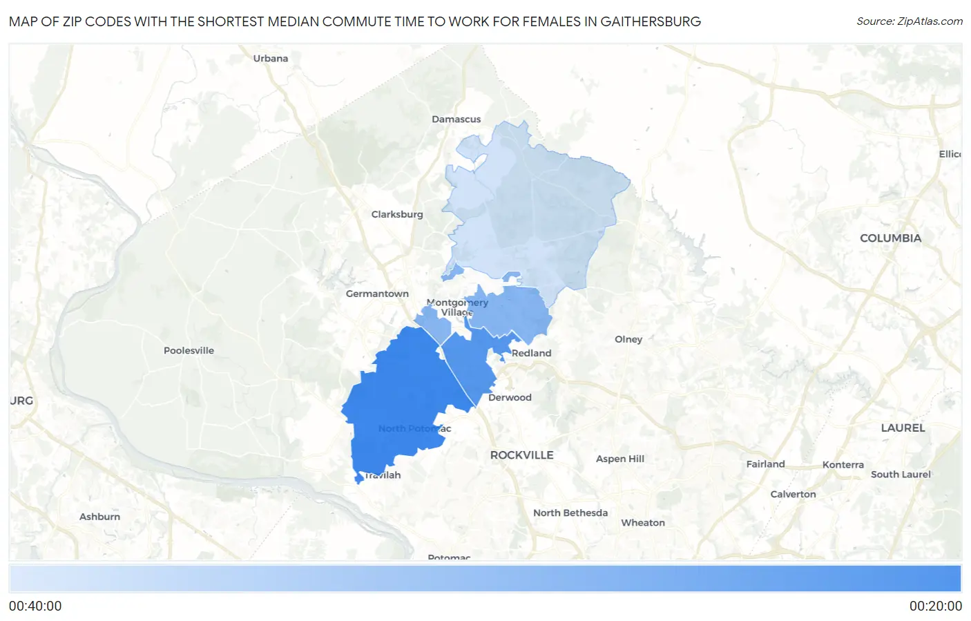 Zip Codes with the Shortest Median Commute Time to Work for Females in Gaithersburg Map