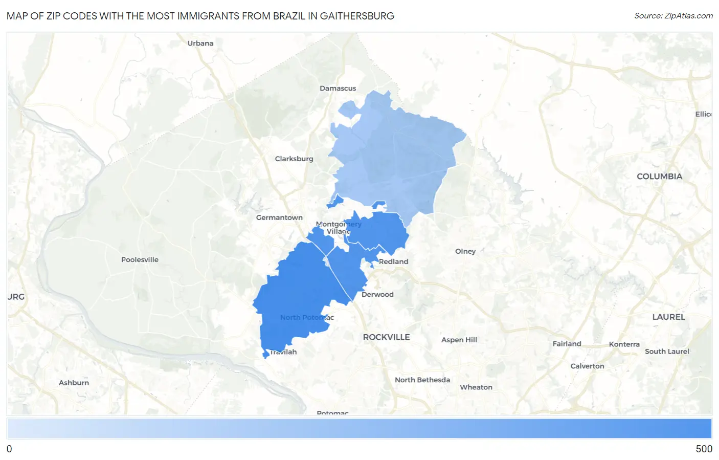 Zip Codes with the Most Immigrants from Brazil in Gaithersburg Map
