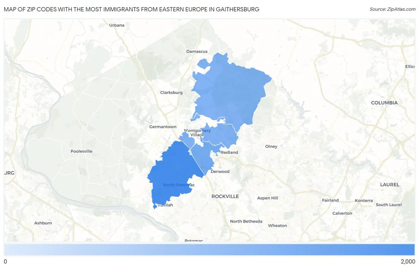Zip Codes with the Most Immigrants from Eastern Europe in Gaithersburg Map