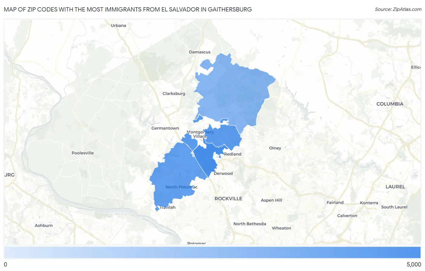 Zip Codes with the Most Immigrants from El Salvador in Gaithersburg Map