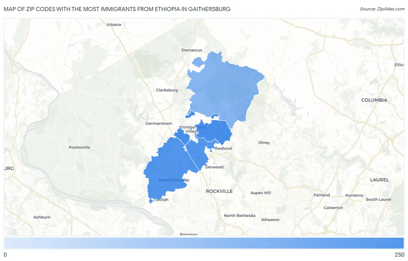 Zip Codes with the Most Immigrants from Ethiopia in Gaithersburg Map