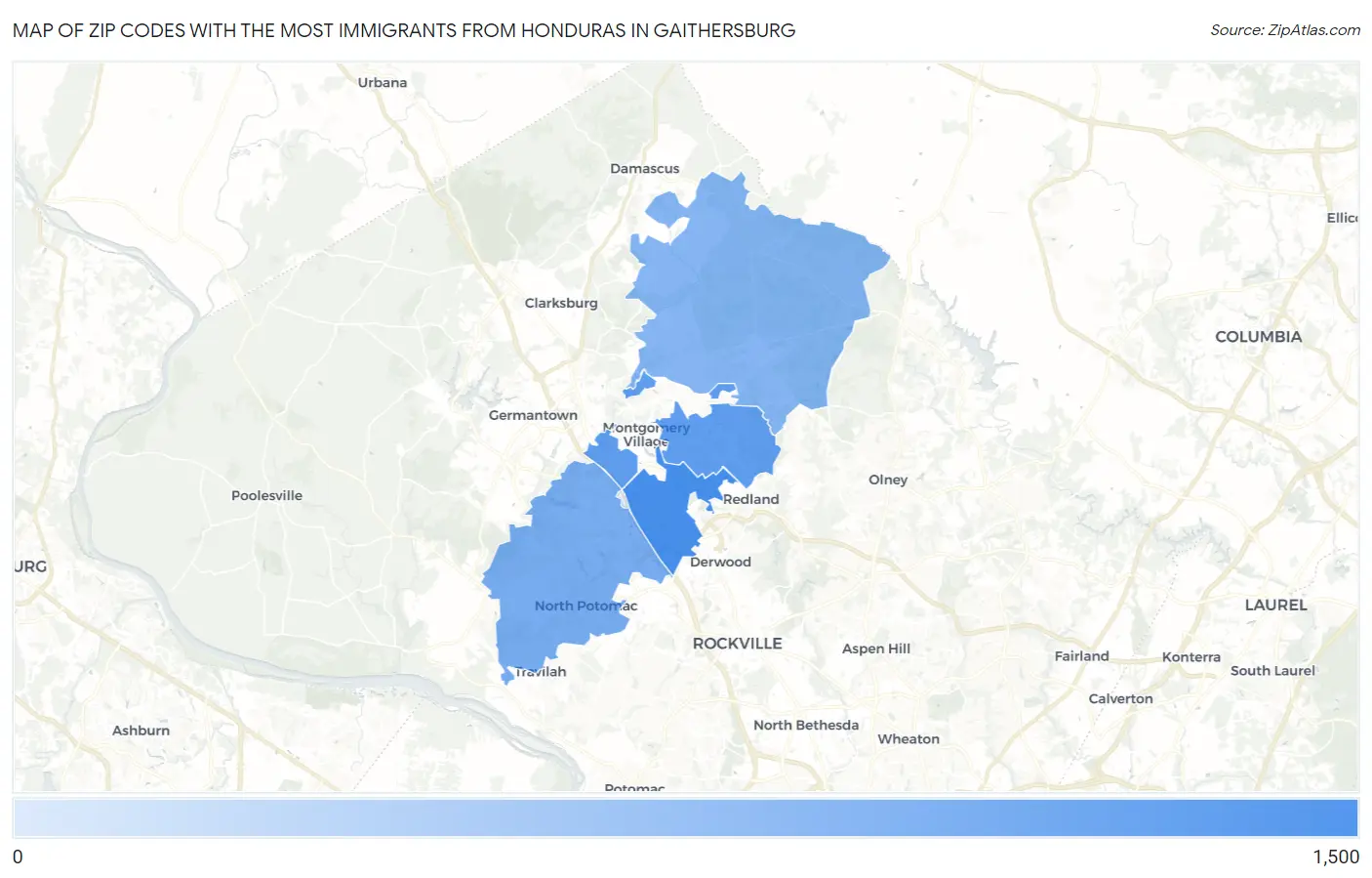 Zip Codes with the Most Immigrants from Honduras in Gaithersburg Map