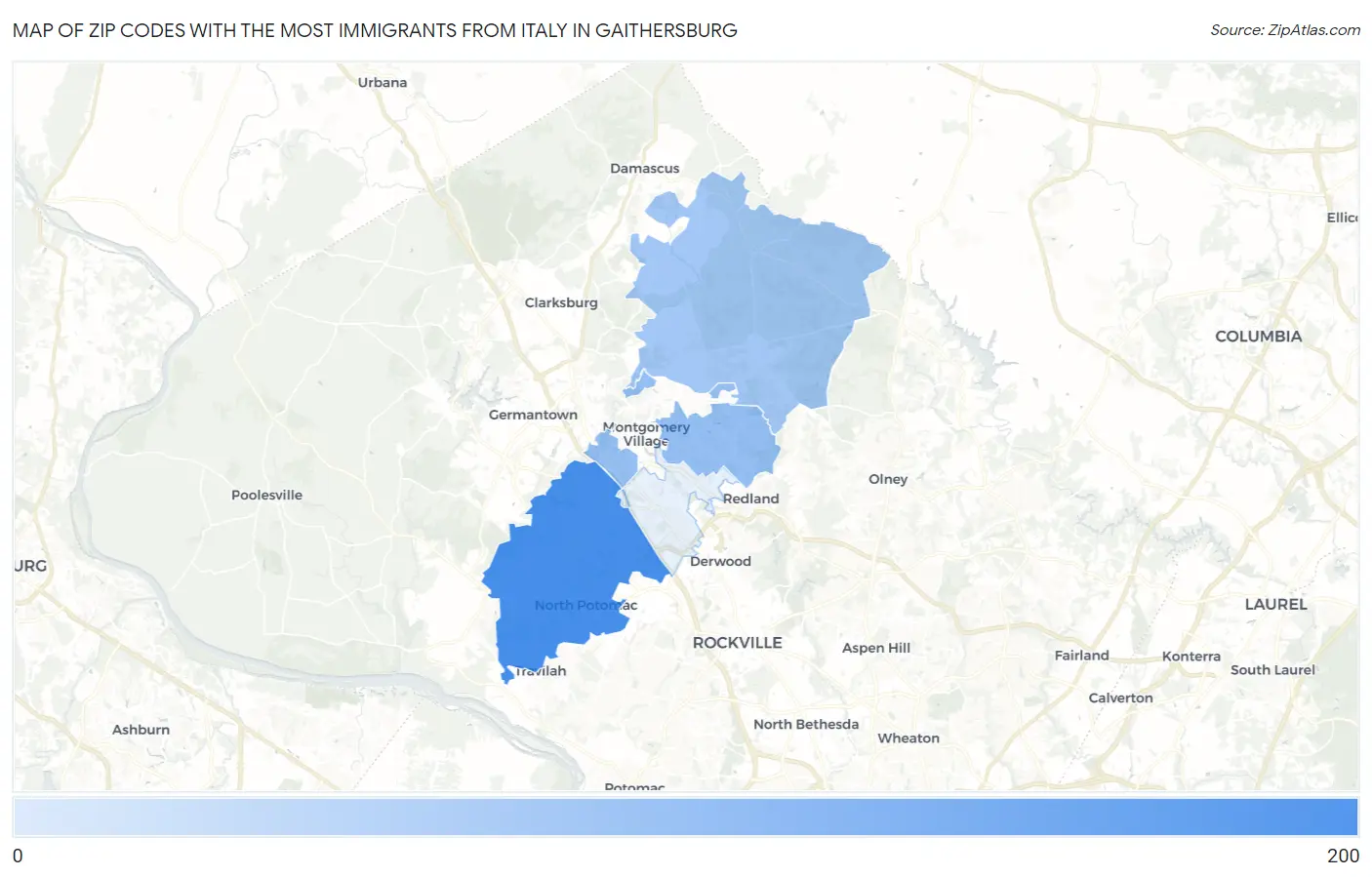Zip Codes with the Most Immigrants from Italy in Gaithersburg Map