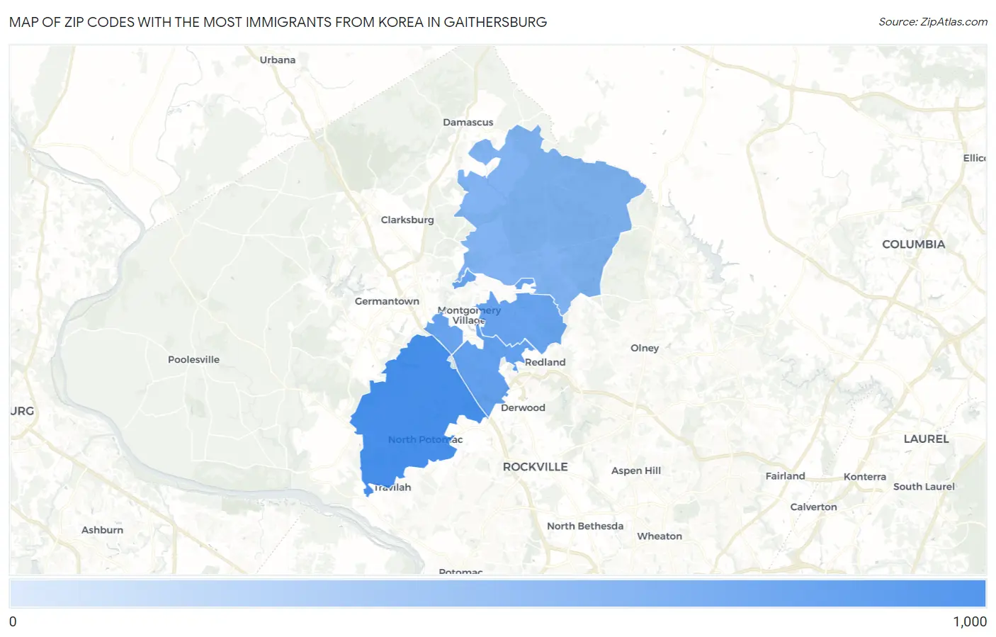 Zip Codes with the Most Immigrants from Korea in Gaithersburg Map