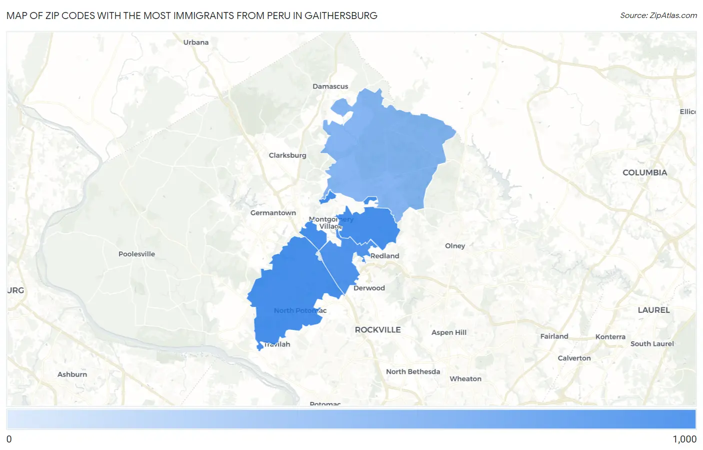 Zip Codes with the Most Immigrants from Peru in Gaithersburg Map