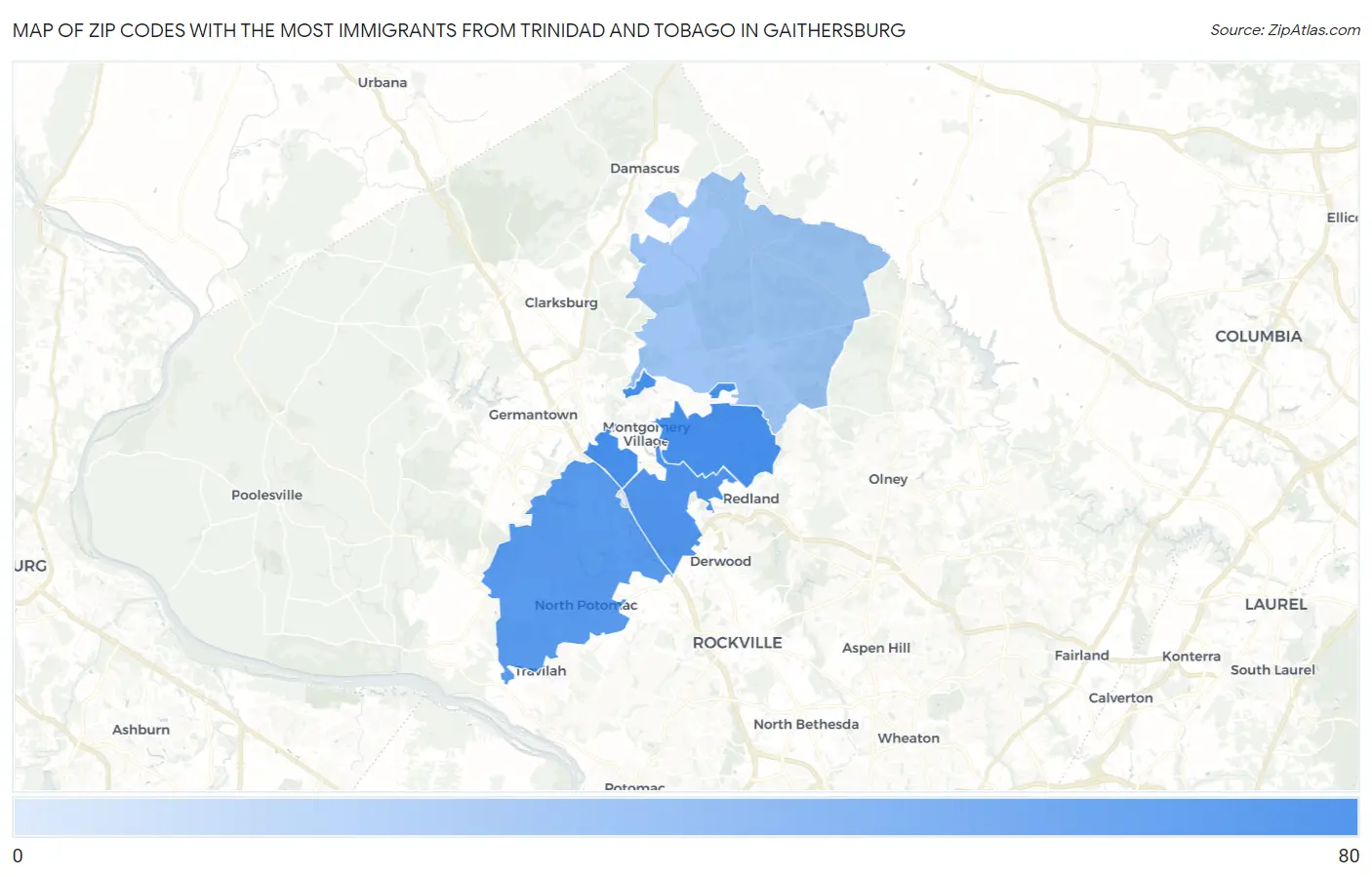 Zip Codes with the Most Immigrants from Trinidad and Tobago in Gaithersburg Map