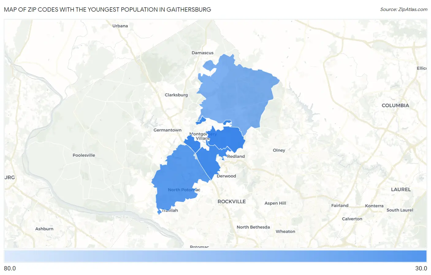 Zip Codes with the Youngest Population in Gaithersburg Map