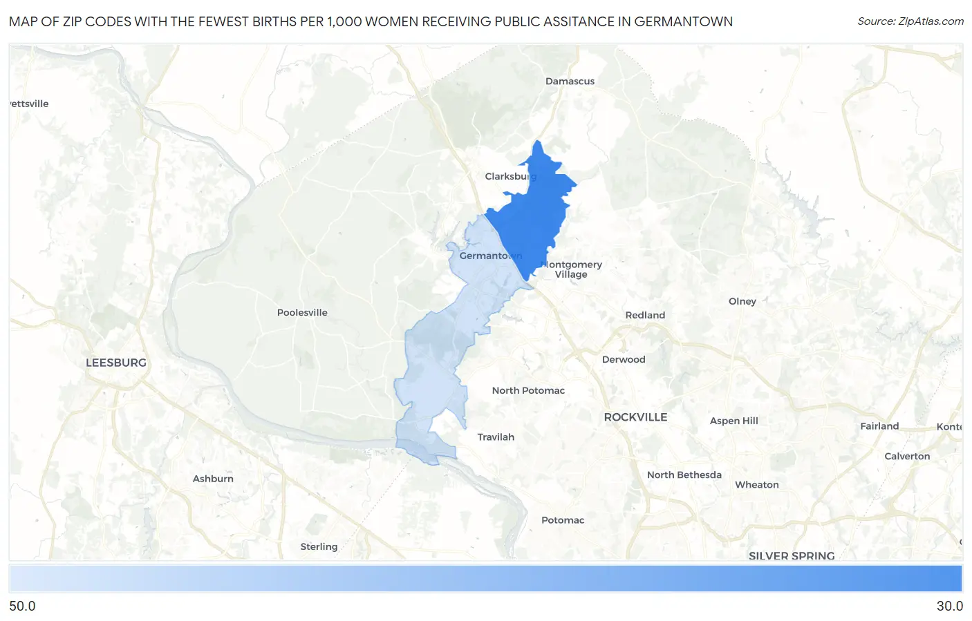 Zip Codes with the Fewest Births per 1,000 Women Receiving Public Assitance in Germantown Map