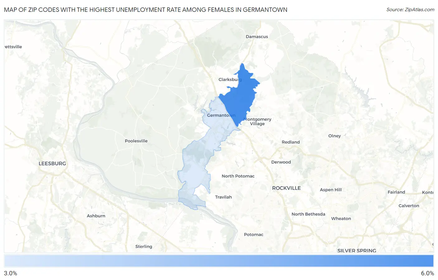 Zip Codes with the Highest Unemployment Rate Among Females in Germantown Map