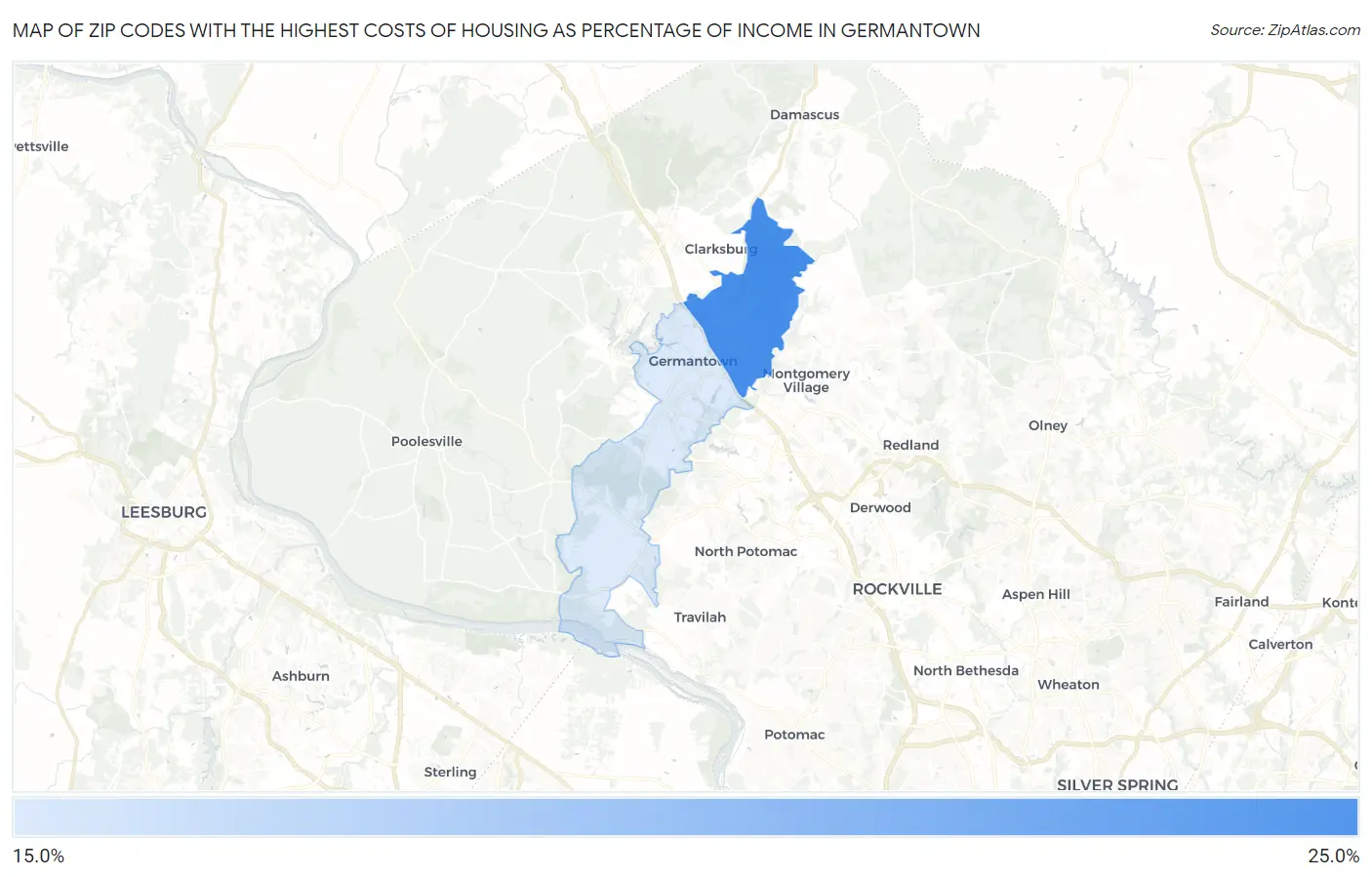 Zip Codes with the Highest Costs of Housing as Percentage of Income in Germantown Map