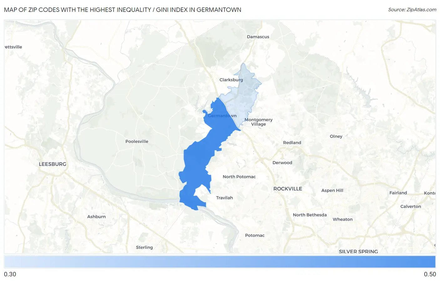 Zip Codes with the Highest Inequality / Gini Index in Germantown Map