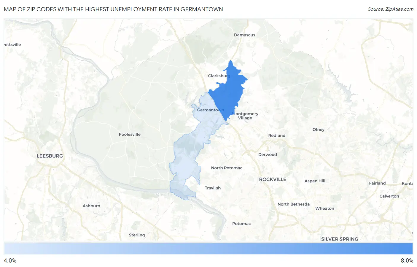 Zip Codes with the Highest Unemployment Rate in Germantown Map