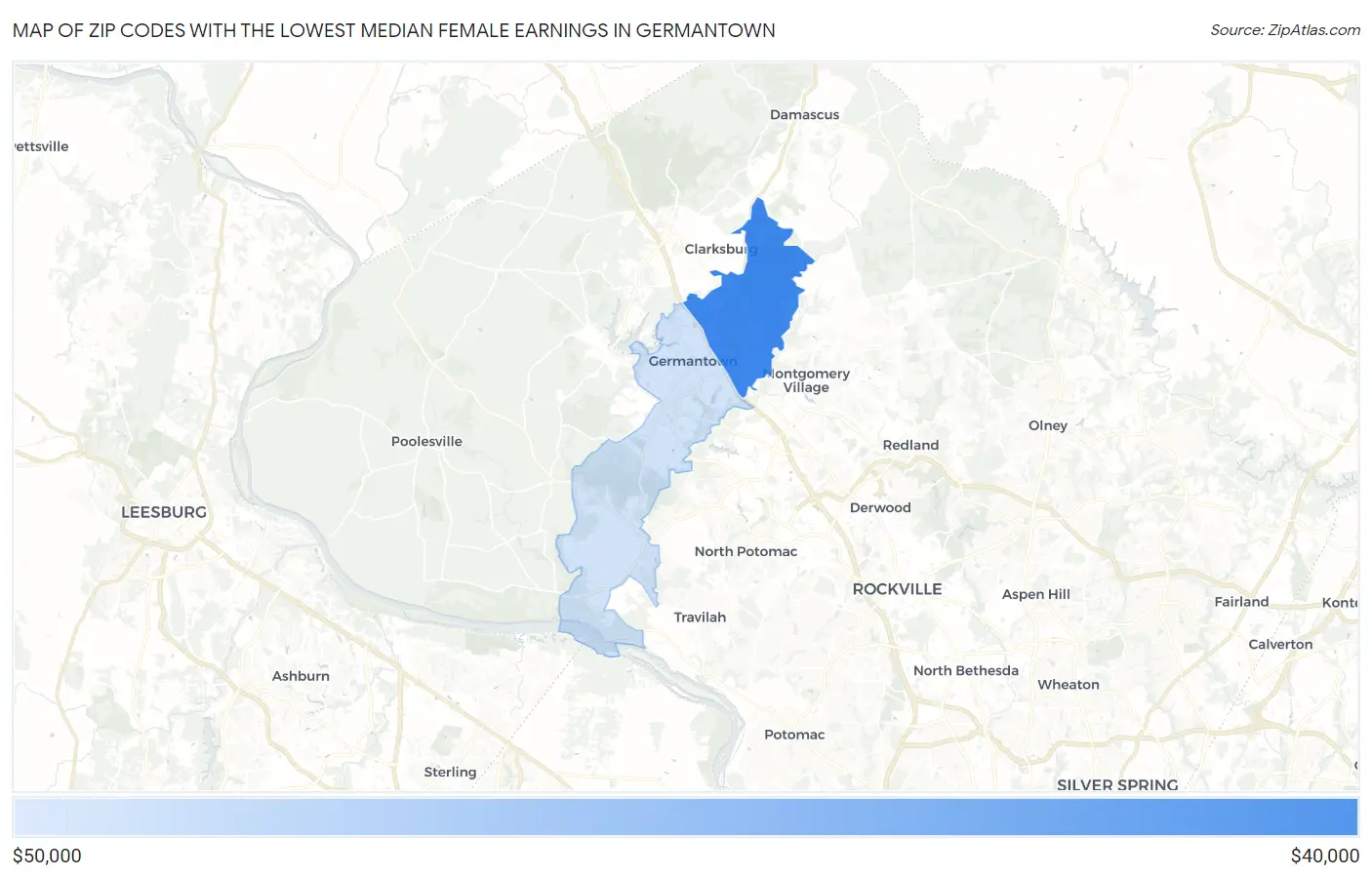Zip Codes with the Lowest Median Female Earnings in Germantown Map