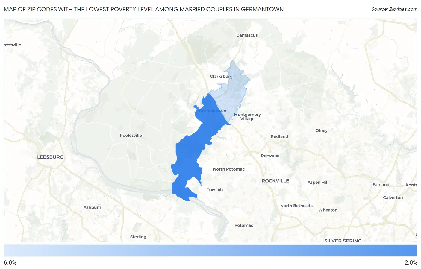 Zip Codes with the Lowest Poverty Level Among Married Couples in Germantown Map