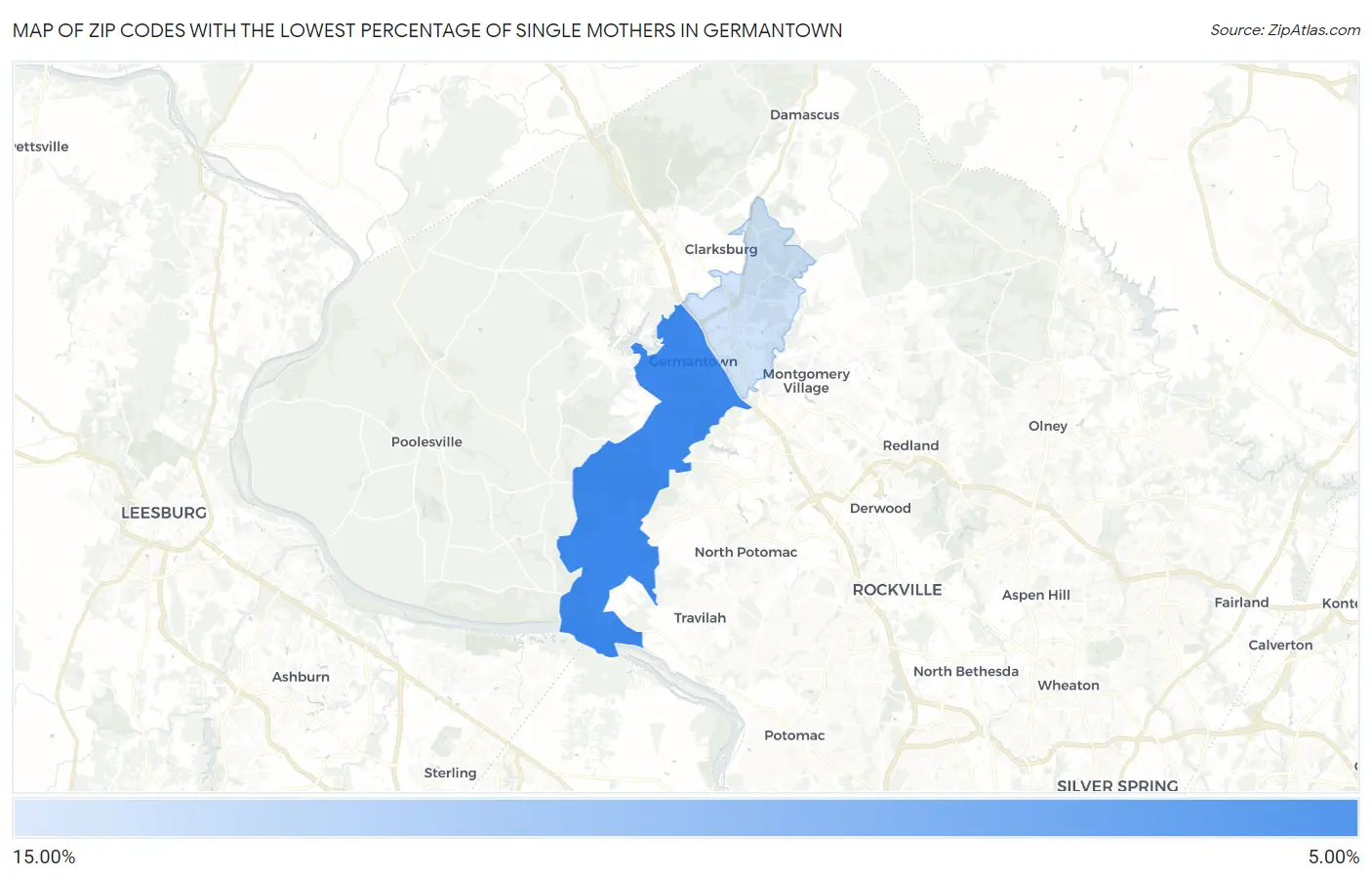 Zip Codes with the Lowest Percentage of Single Mothers in Germantown Map