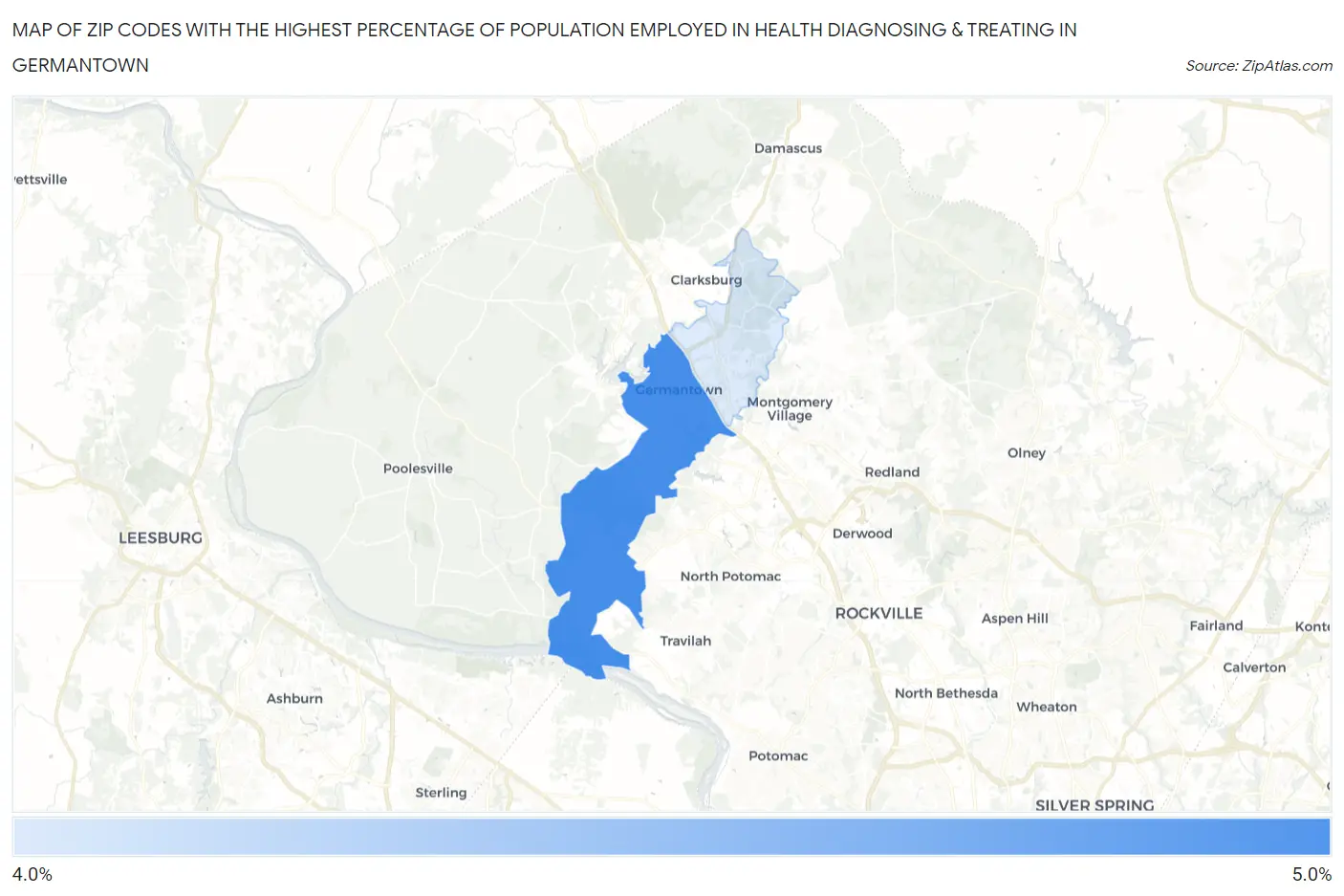 Zip Codes with the Highest Percentage of Population Employed in Health Diagnosing & Treating in Germantown Map