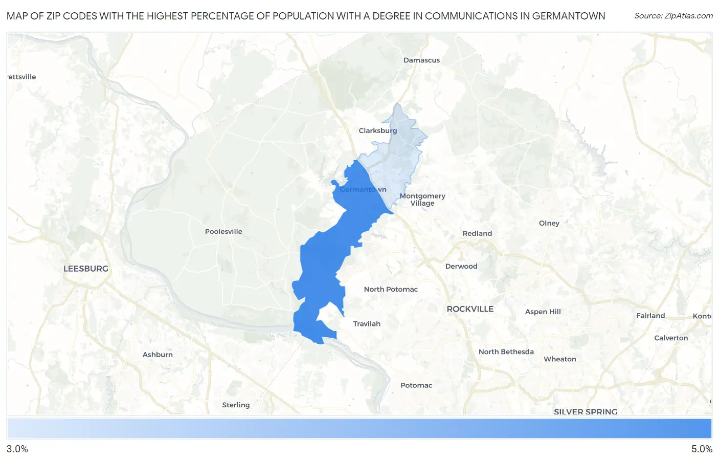 Zip Codes with the Highest Percentage of Population with a Degree in Communications in Germantown Map