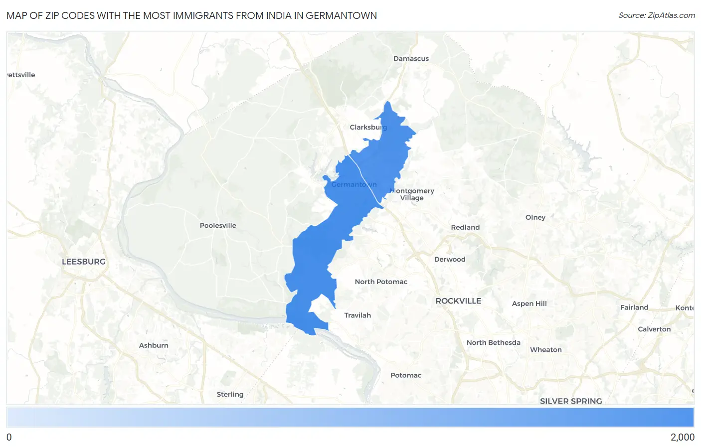 Zip Codes with the Most Immigrants from India in Germantown Map