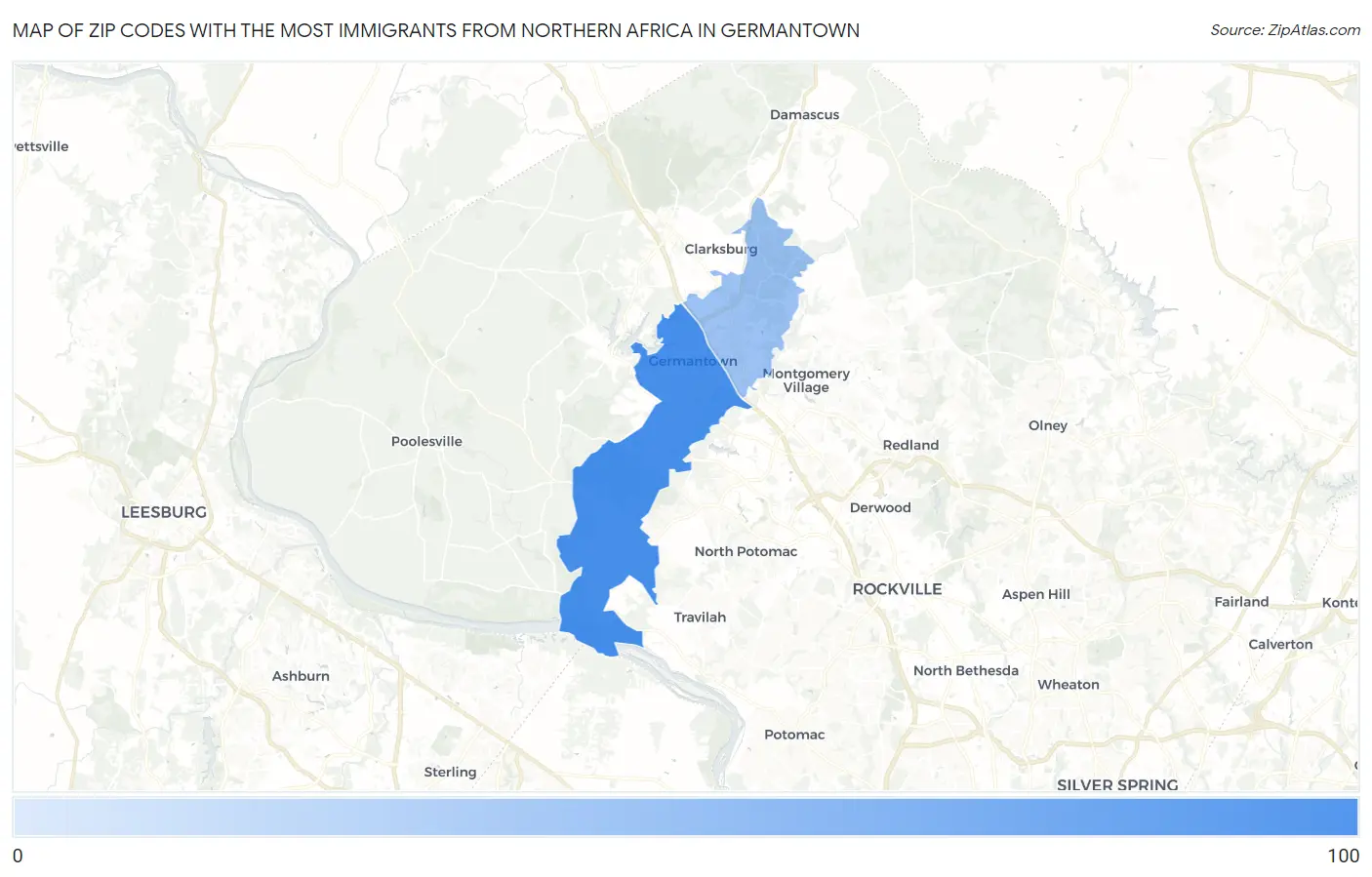 Zip Codes with the Most Immigrants from Northern Africa in Germantown Map