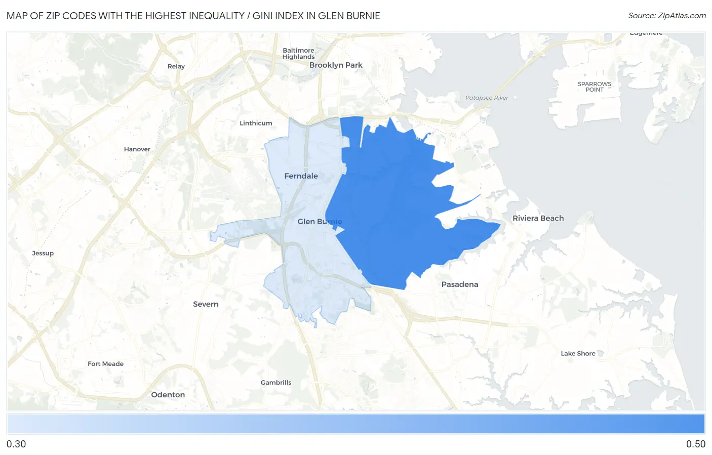 Zip Codes with the Highest Inequality / Gini Index in Glen Burnie Map