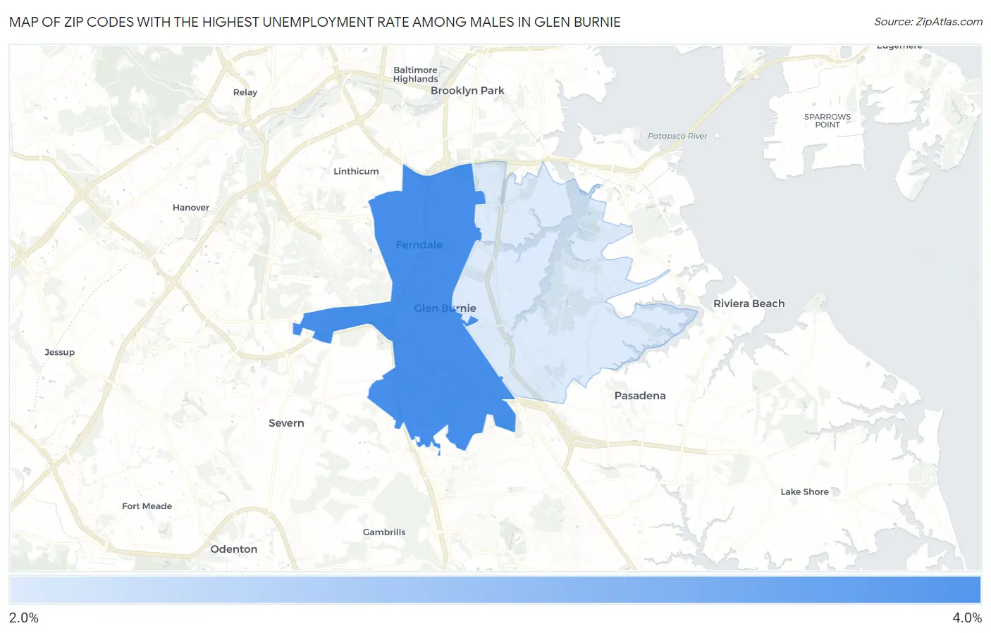 Zip Codes with the Highest Unemployment Rate Among Males in Glen Burnie Map