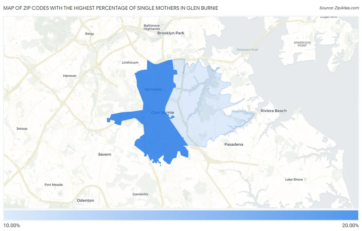 Zip Codes with the Highest Percentage of Single Mothers in Glen Burnie Map