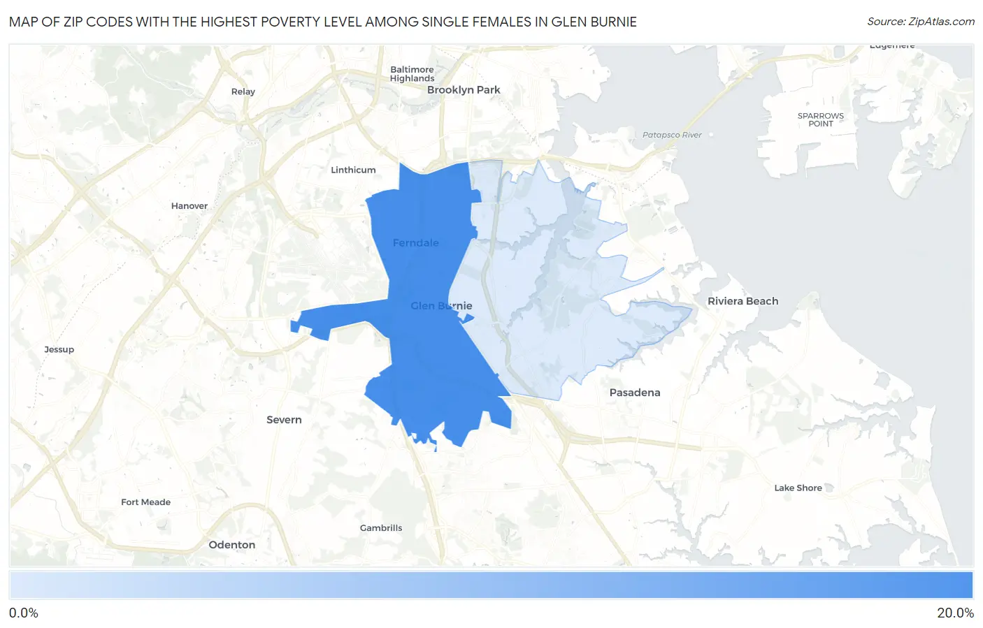 Zip Codes with the Highest Poverty Level Among Single Females in Glen Burnie Map