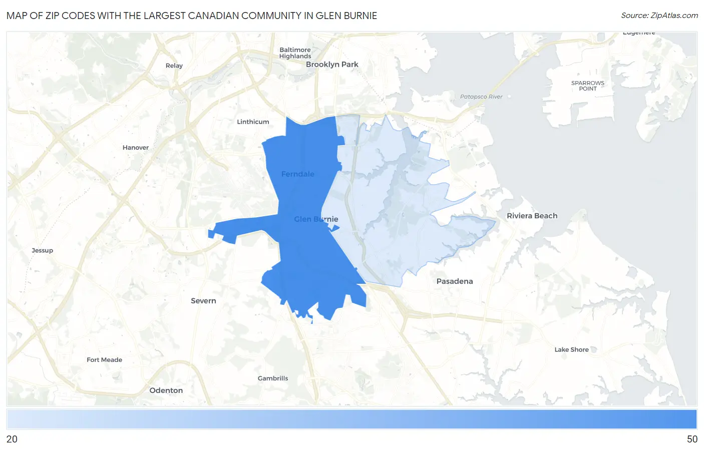 Zip Codes with the Largest Canadian Community in Glen Burnie Map