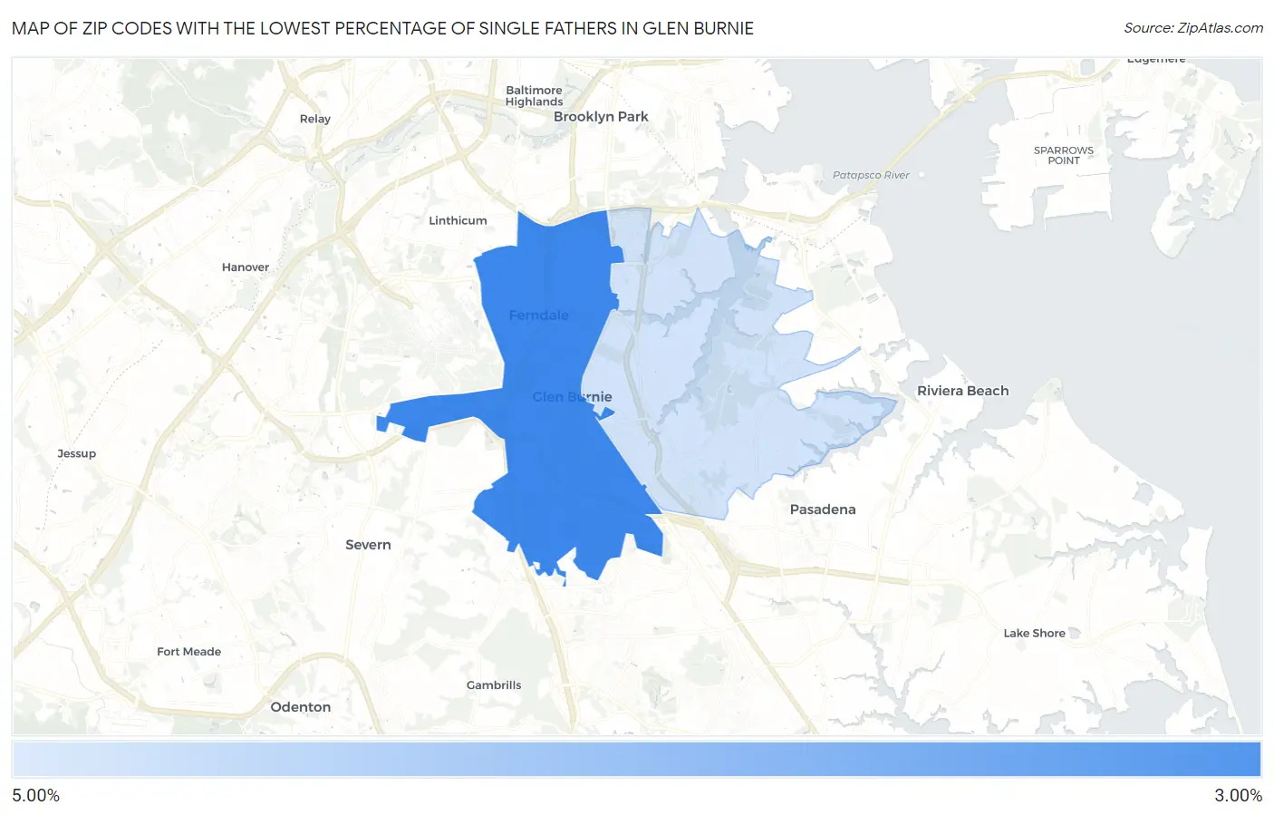 Zip Codes with the Lowest Percentage of Single Fathers in Glen Burnie Map