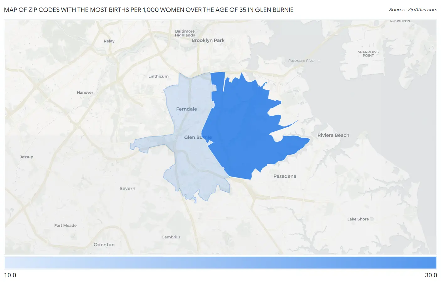 Zip Codes with the Most Births per 1,000 Women Over the Age of 35 in Glen Burnie Map