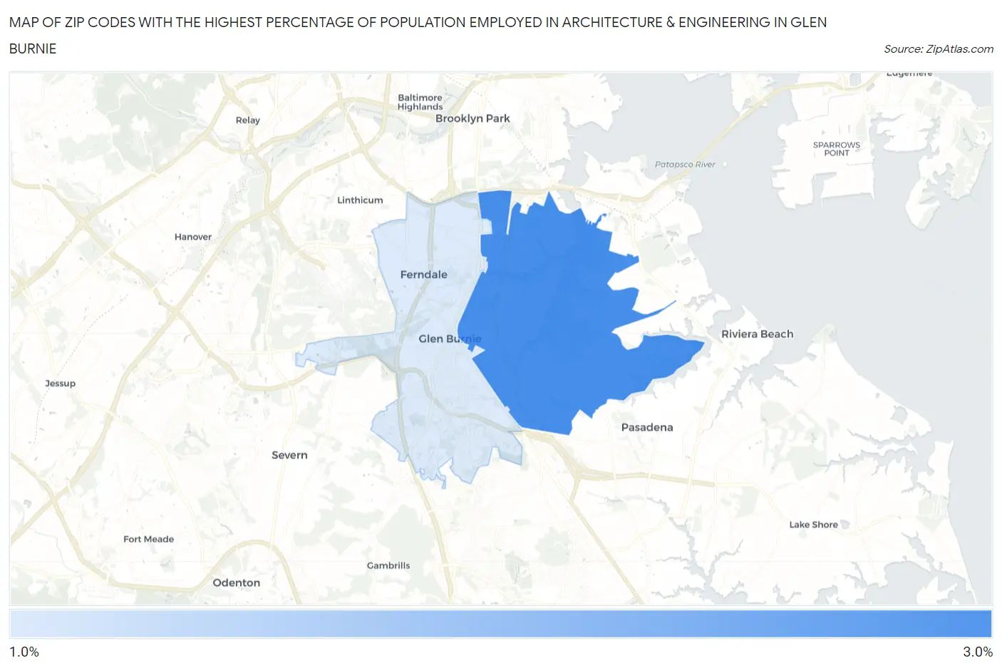 Zip Codes with the Highest Percentage of Population Employed in Architecture & Engineering in Glen Burnie Map