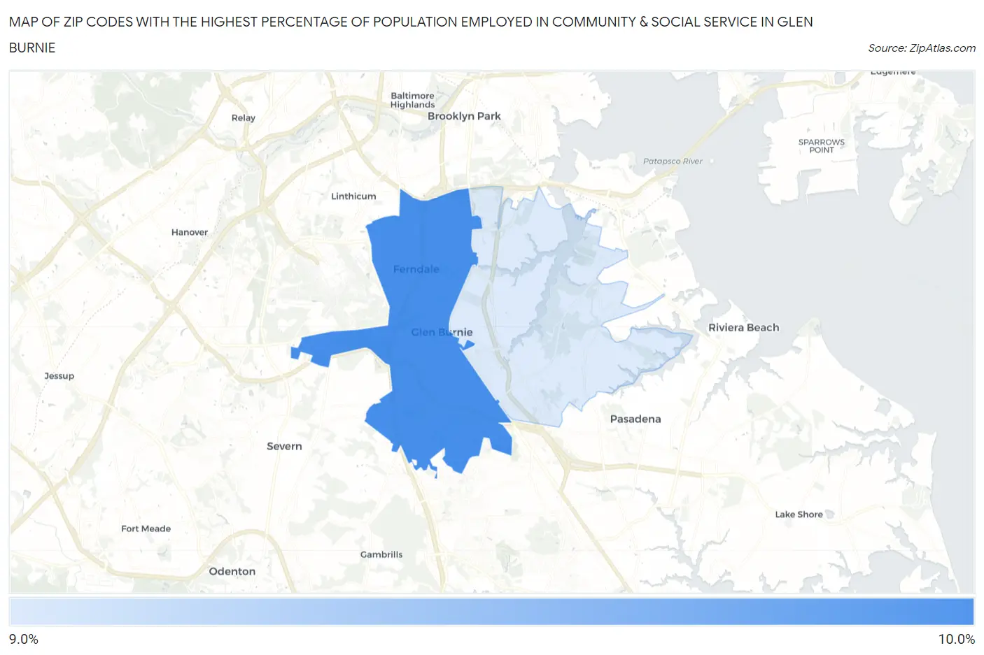 Zip Codes with the Highest Percentage of Population Employed in Community & Social Service  in Glen Burnie Map