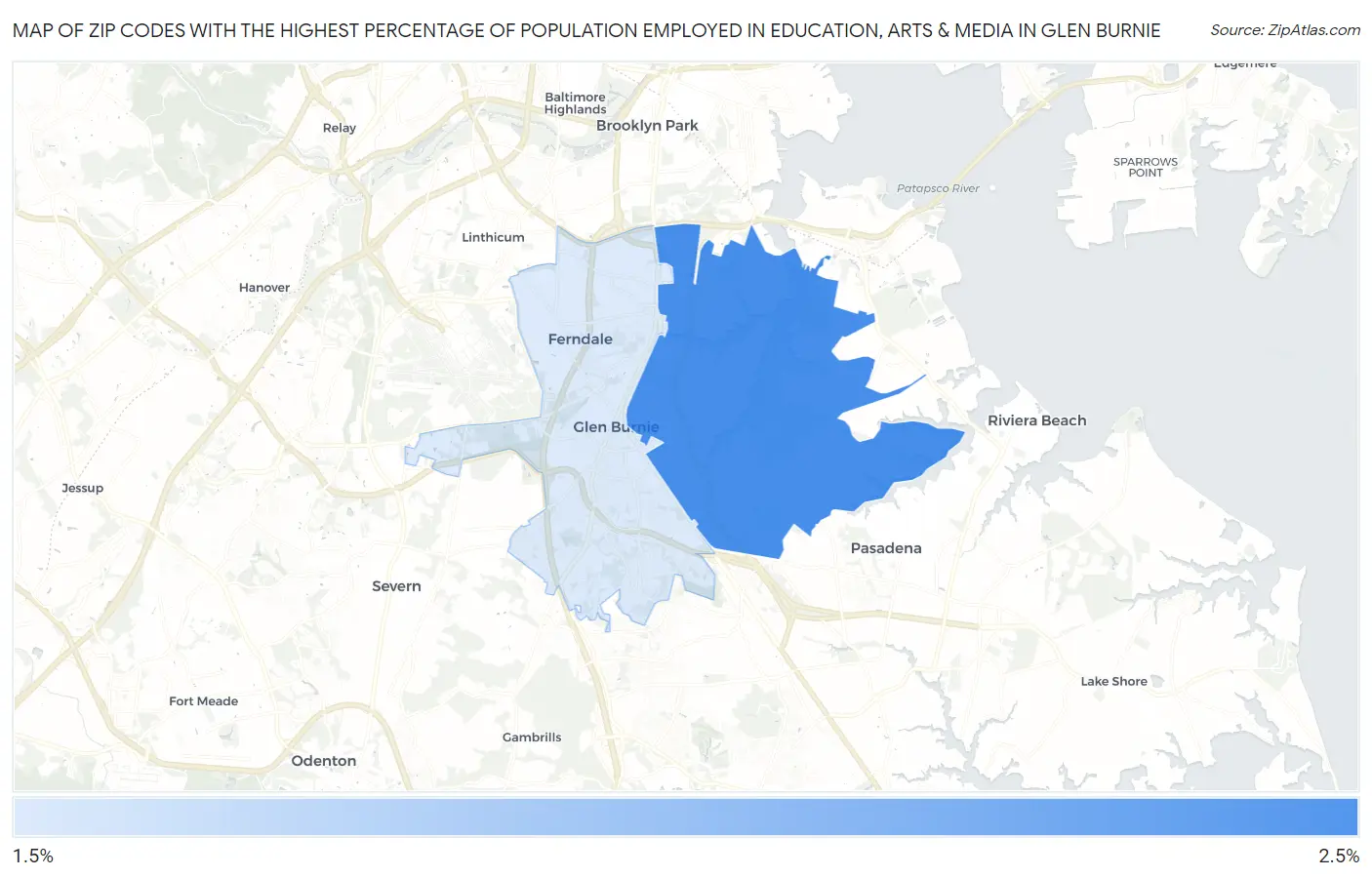 Zip Codes with the Highest Percentage of Population Employed in Education, Arts & Media in Glen Burnie Map