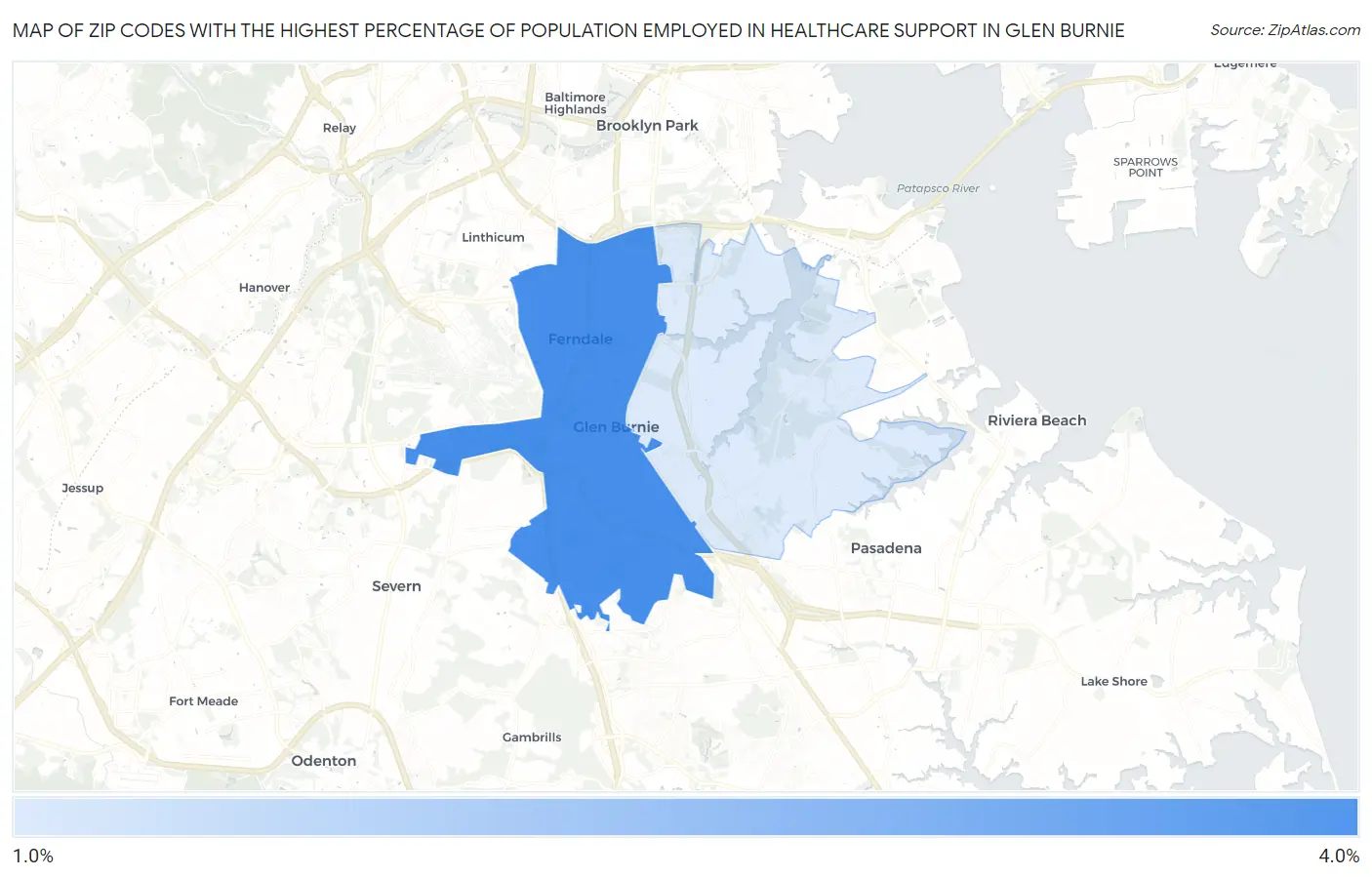 Zip Codes with the Highest Percentage of Population Employed in Healthcare Support in Glen Burnie Map