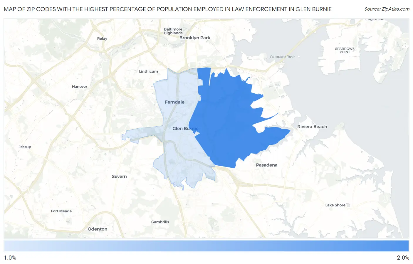 Zip Codes with the Highest Percentage of Population Employed in Law Enforcement in Glen Burnie Map