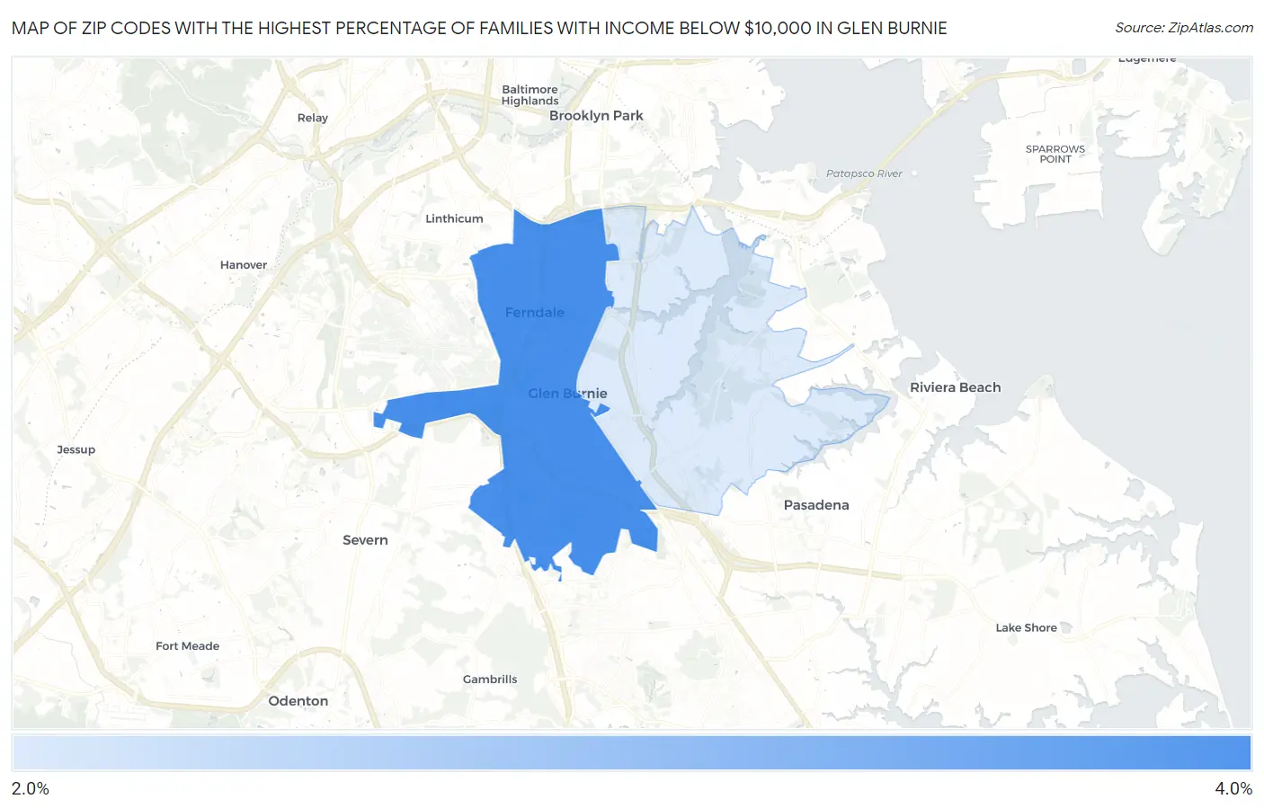 Zip Codes with the Highest Percentage of Families with Income Below $10,000 in Glen Burnie Map