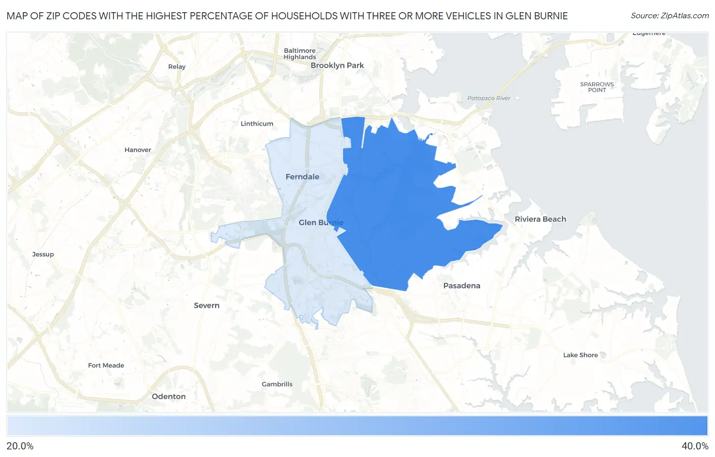 Zip Codes with the Highest Percentage of Households With Three or more Vehicles in Glen Burnie Map