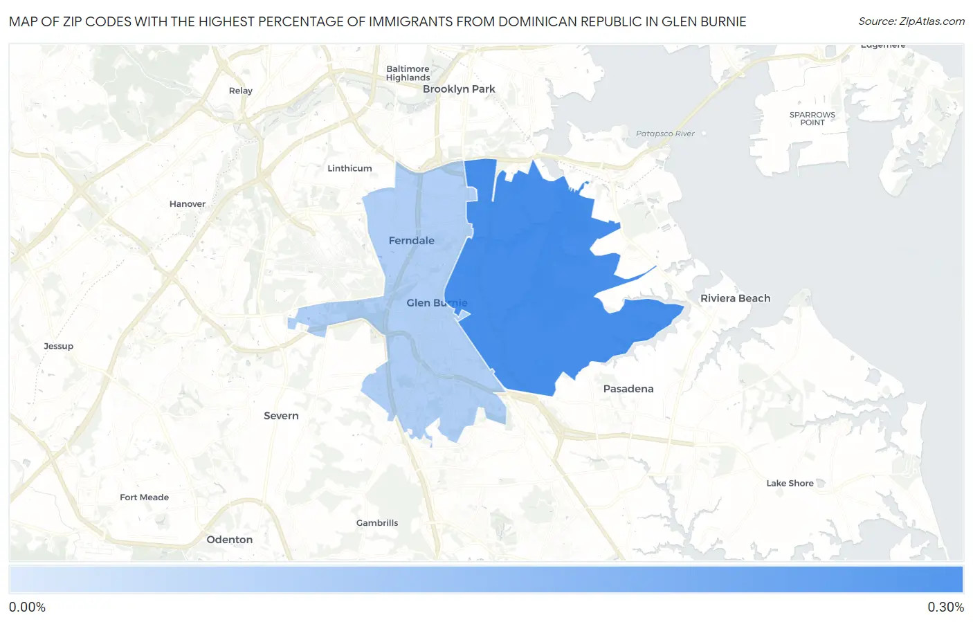Zip Codes with the Highest Percentage of Immigrants from Dominican Republic in Glen Burnie Map