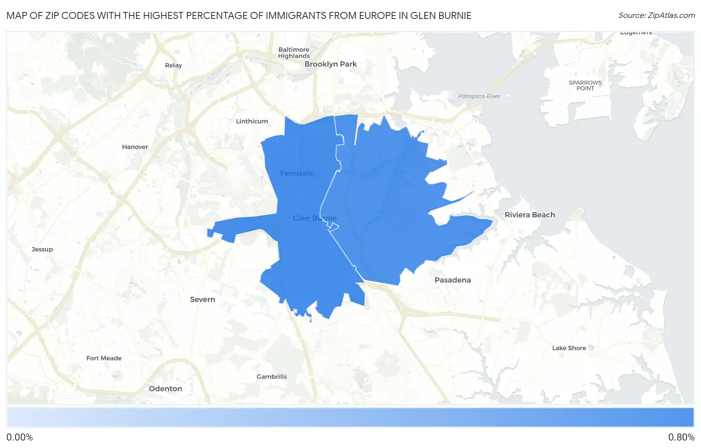 Zip Codes with the Highest Percentage of Immigrants from Europe in Glen Burnie Map