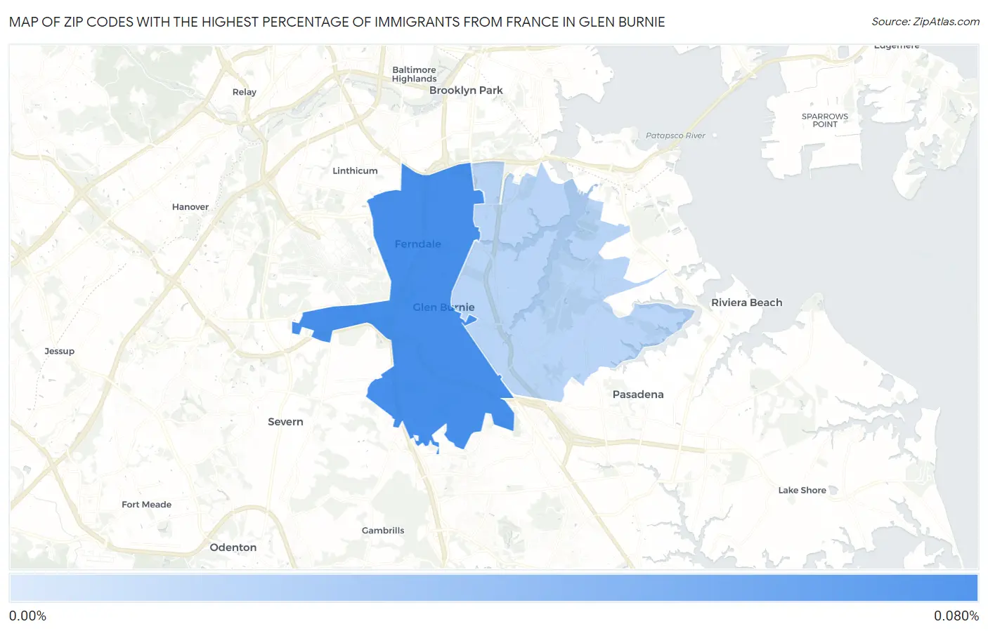 Zip Codes with the Highest Percentage of Immigrants from France in Glen Burnie Map
