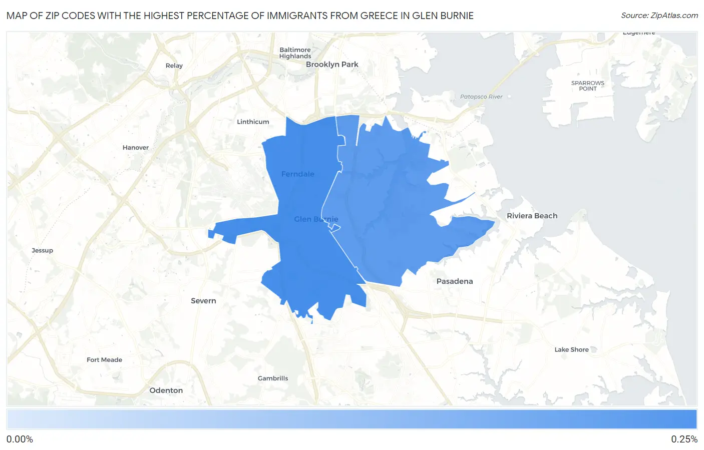 Zip Codes with the Highest Percentage of Immigrants from Greece in Glen Burnie Map