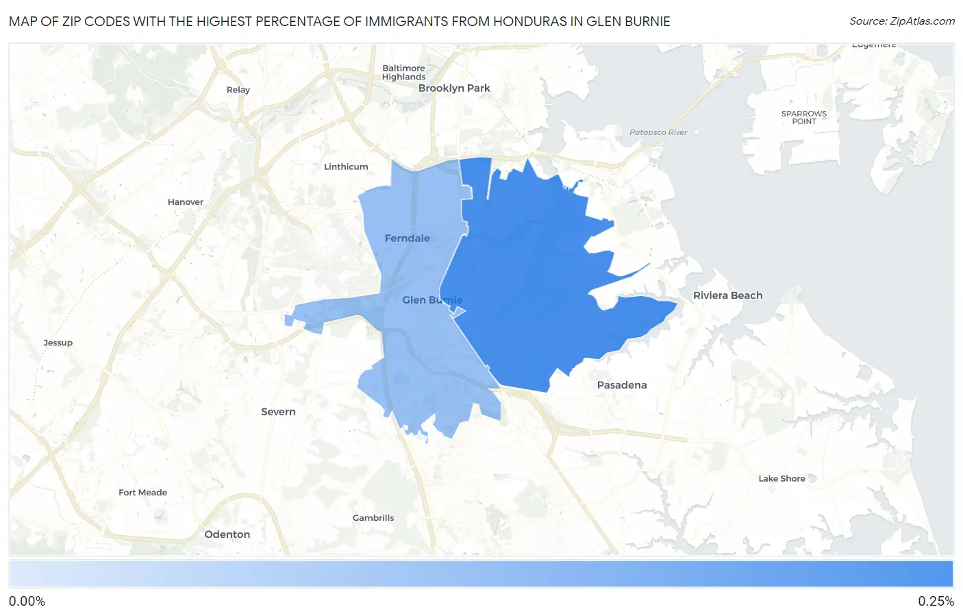 Zip Codes with the Highest Percentage of Immigrants from Honduras in Glen Burnie Map