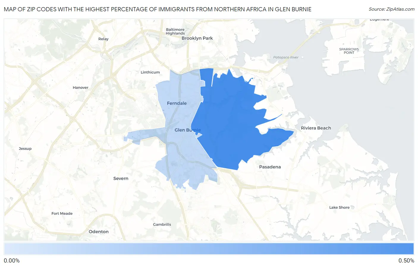 Zip Codes with the Highest Percentage of Immigrants from Northern Africa in Glen Burnie Map